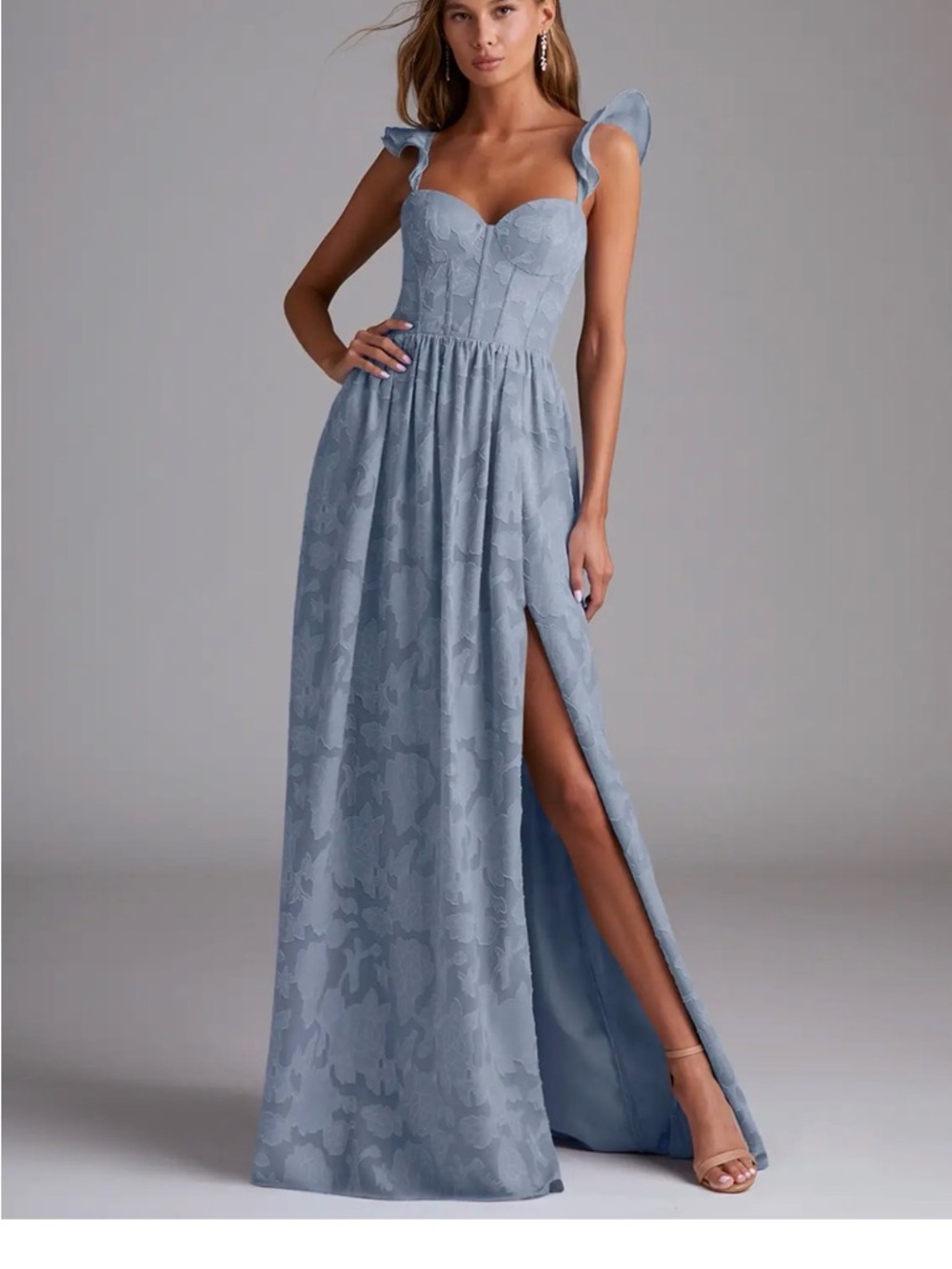 Azazie Dusty Blue A-Line Ruched Floral Burnout Dress